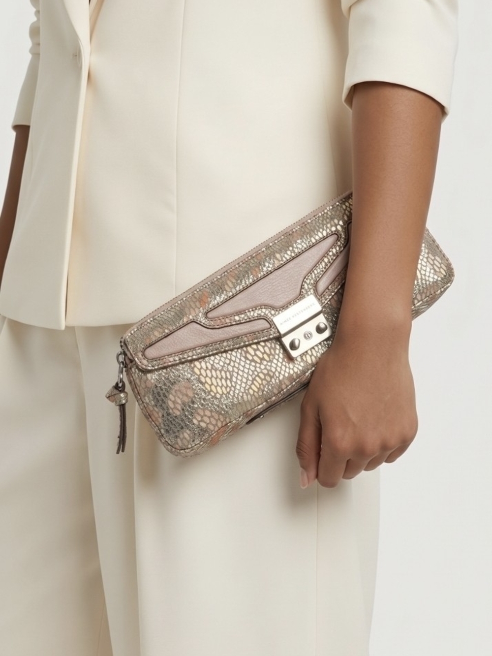 Aimee Kestenberg Rose Gold Snake-Print Clutch